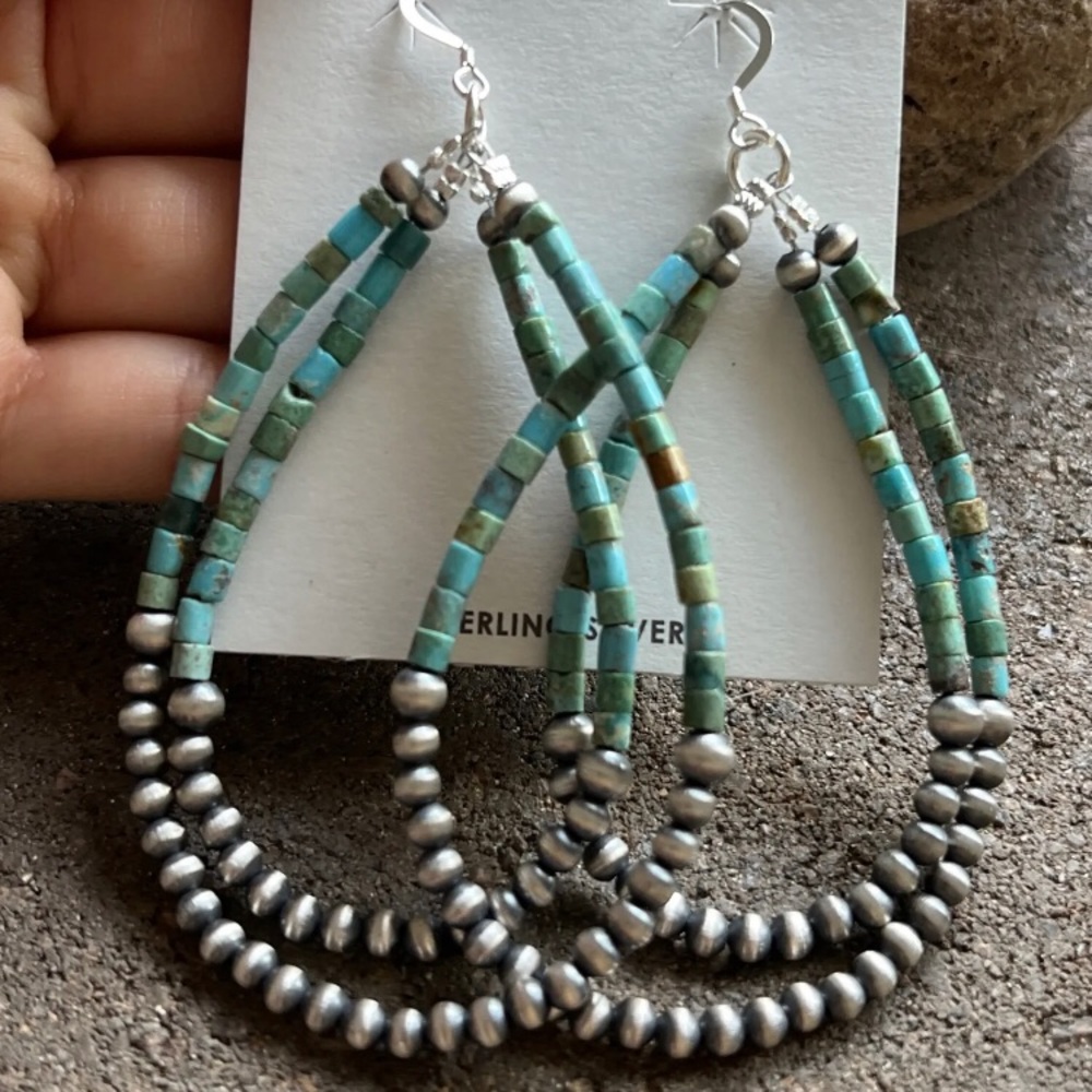 Sterling Silver Double Loop Turquoise Pearls Earr… - image 2